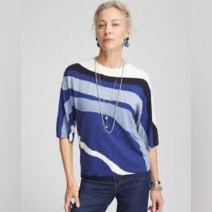 Chico’s Colorblock Pullover Sweater SZ 3 US XL Crew Neck Elbow Sleeve Color Blue